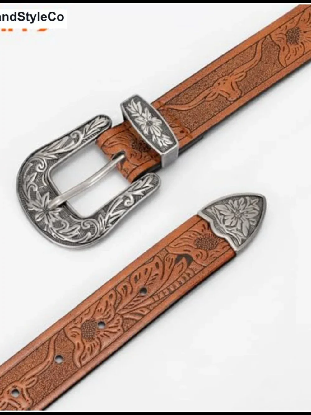 Vintage Western PU Leather Belt Floral Carved Buckle Cowgirl Waist Belt